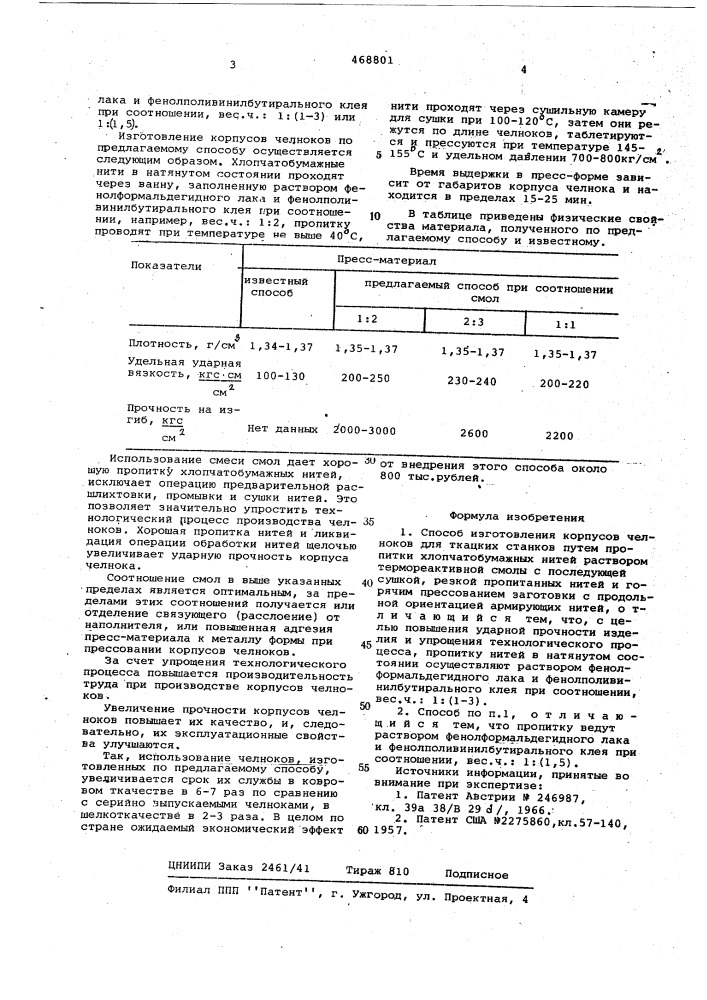 Способ изготовления корпусов челноков для ткацких станков (патент 468801)