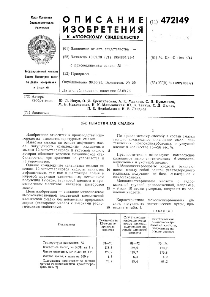 Пластичная смазка (патент 472149)