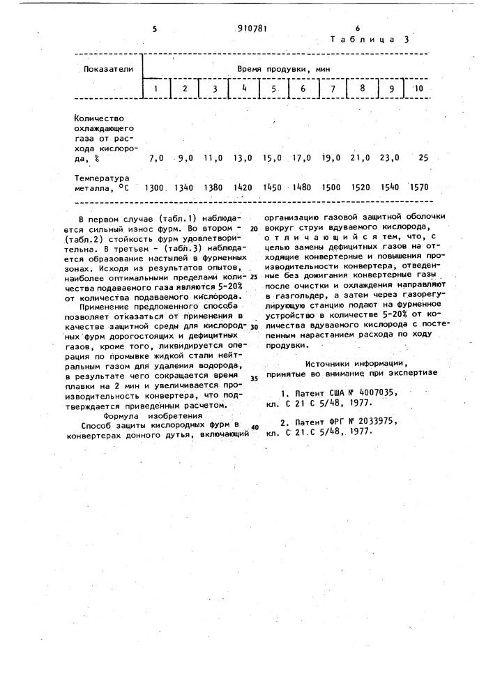 Способ защиты кислородных фурм в конвертерах донного дутья (патент 910781)