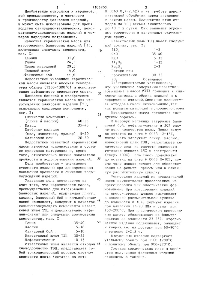 Керамическая масса (патент 1106805)