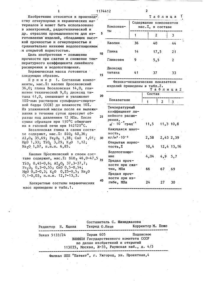 Керамическая масса (патент 1174412)