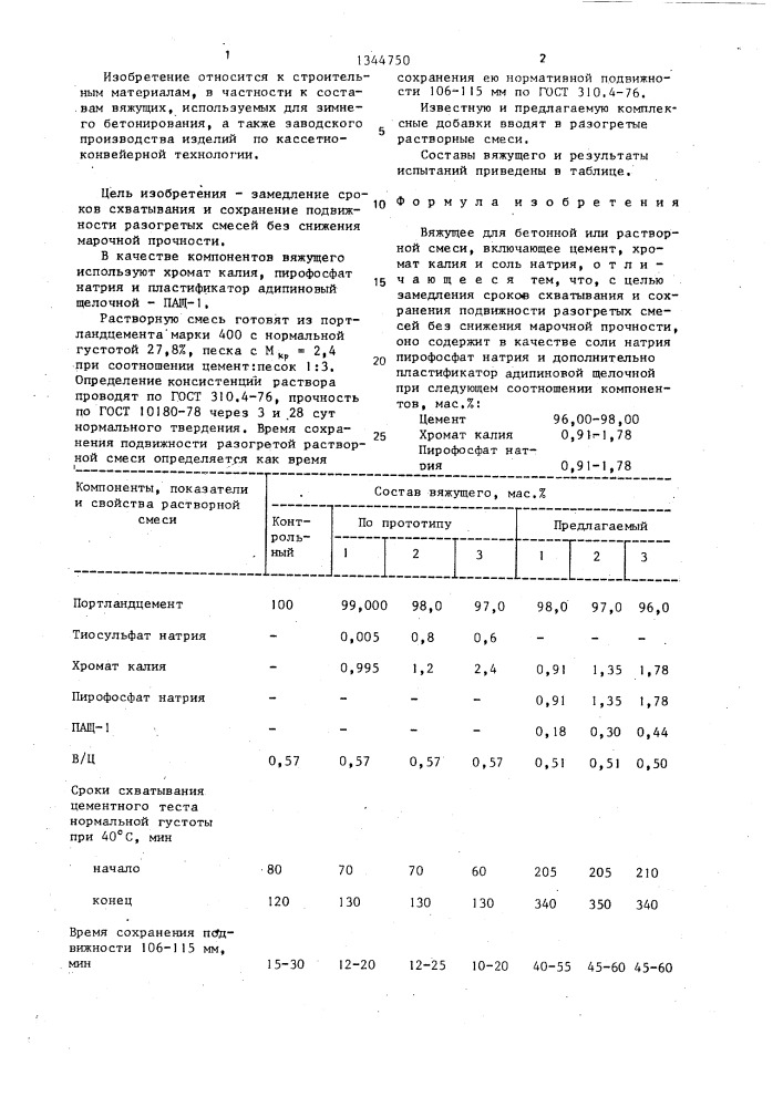 Вяжущее для бетонной или растворной смеси (патент 1344750)