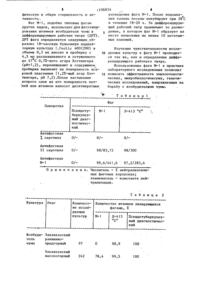 Штамм @ @ @ -1,используемый для внутривидовой дифференциации иерсиний чумы (патент 1106834)