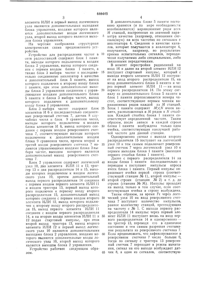 Устройство для распределения частот в сети радиостанций (патент 640443)