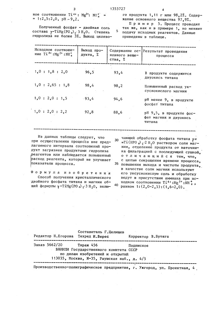 Способ получения кристаллического двойного фосфата титана и магния общей формулы @ -ti mg(ро @ ) @ 3н @ о (патент 1353727)