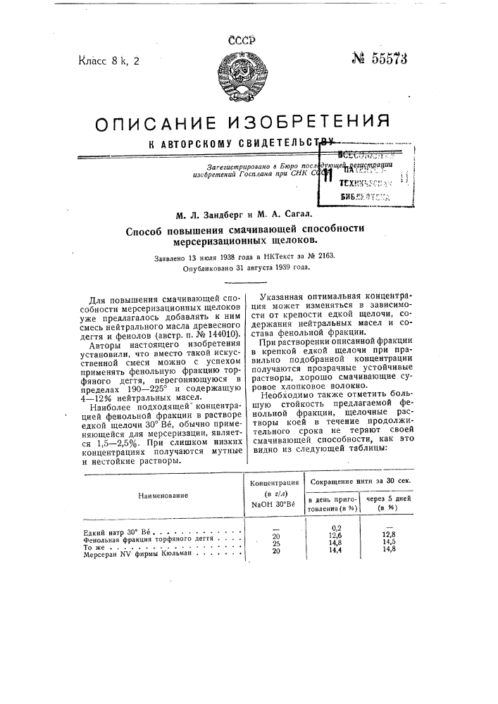 Способ повышения смывающей способности мерсеризационнх щелоков (патент 55573)