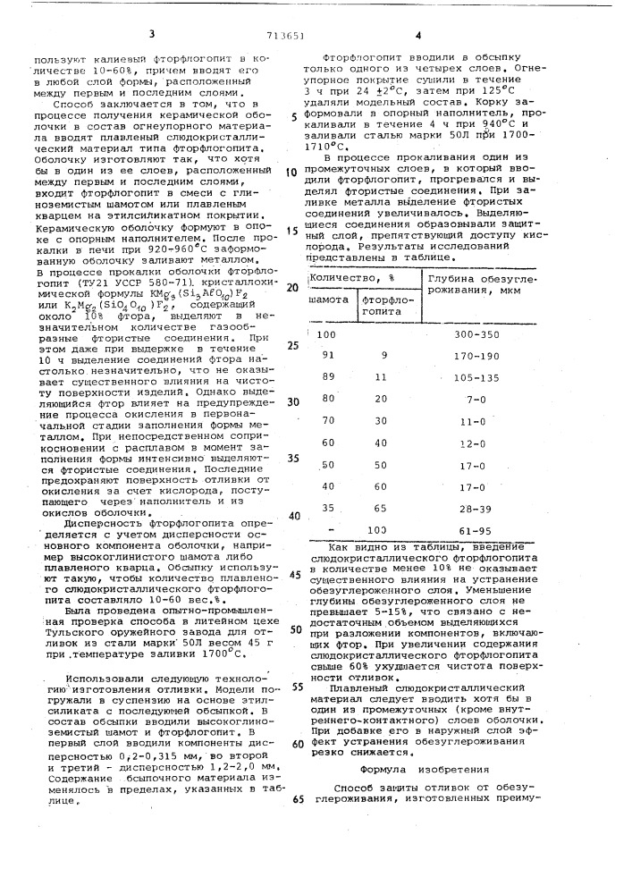 Способ защиты отливок от обезуглероживания (патент 713651)