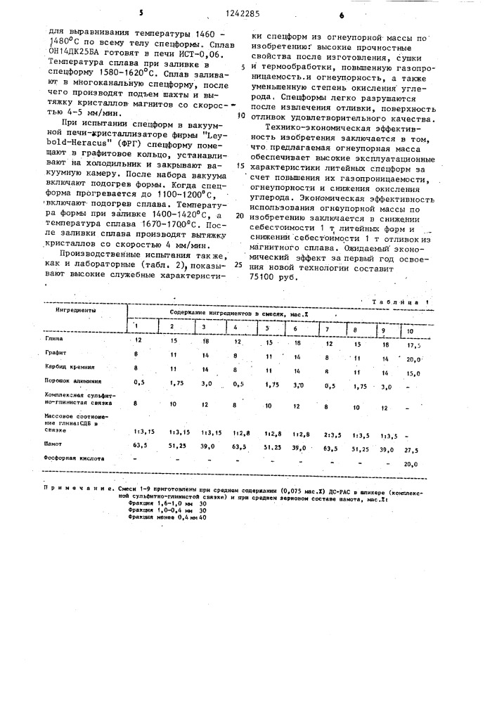 Огнеупорная масса для изготовления литейных безобжиговых спецформ (патент 1242285)