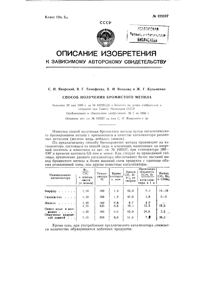 Применение катализатора для получения бромистого метила (патент 125247)