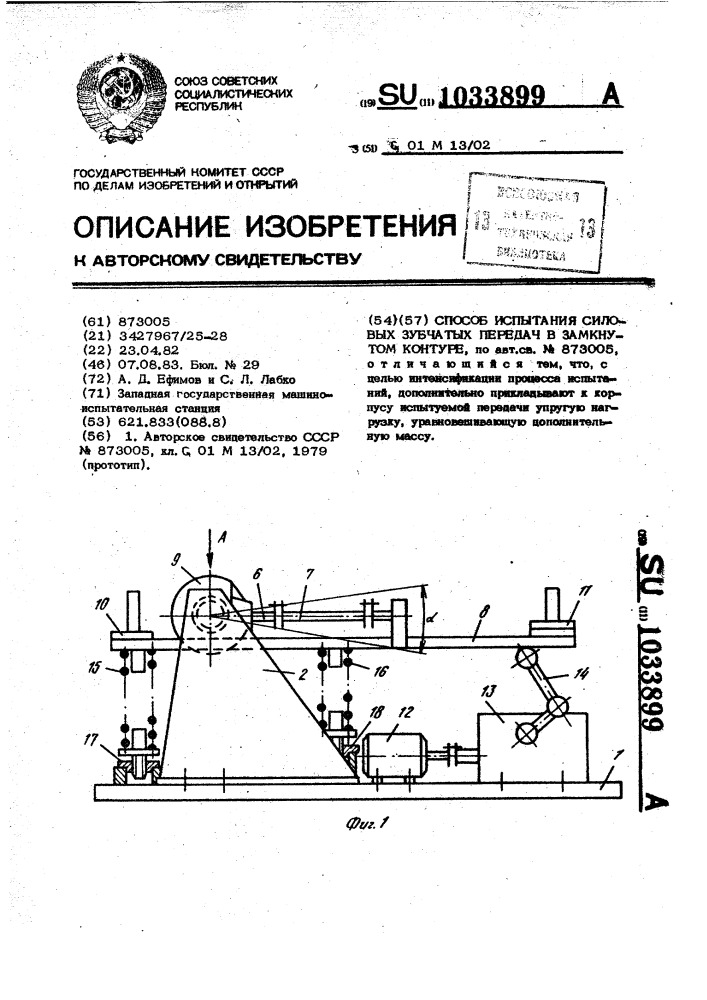 Способ испытания силовых зубчатых передач в замкнутом контуре (патент 1033899)