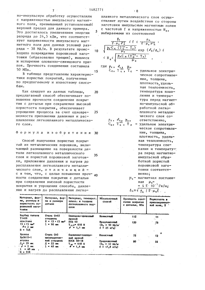 Способ получения пористых покрытий из металлических порошков (патент 1482771)