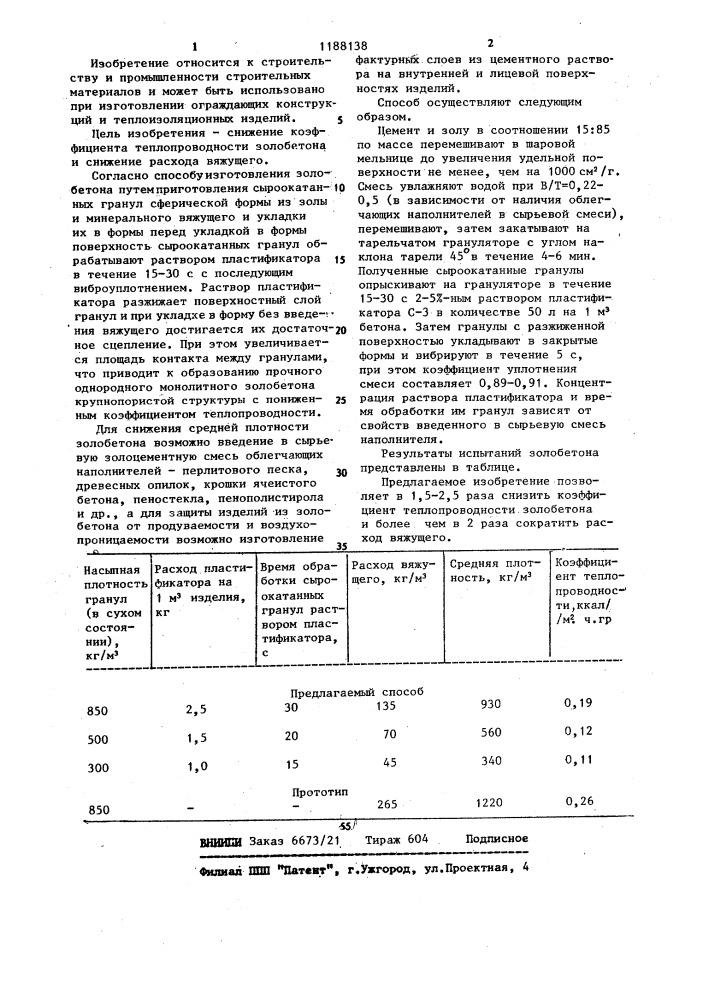 Способ изготовления золобетона (патент 1188138)