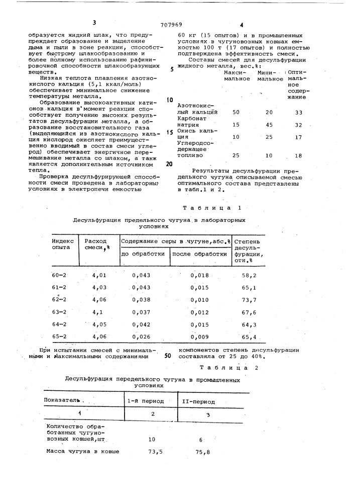 Смесь для внепечного рафинирования чугуна и стали (патент 707969)