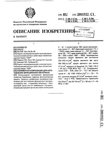 Полимерная композиция для изготовления фрикционного материала (патент 2001922)
