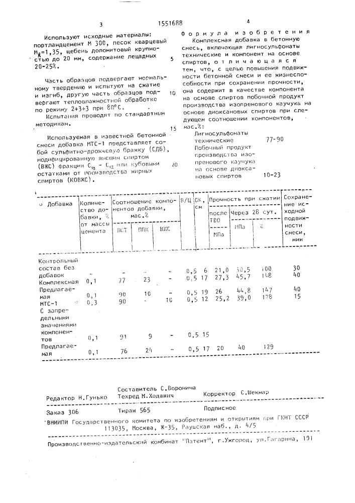 Комплексная добавка в бетонную смесь (патент 1551688)