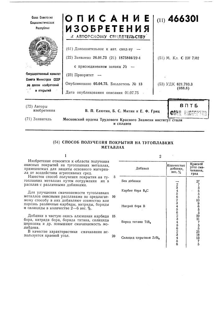 Способ получения покрытий на тугоплавких металлах (патент 466301)