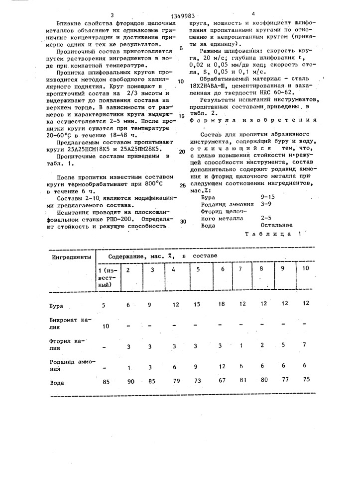 Состав для пропитки абразивного инструмента (патент 1349983)