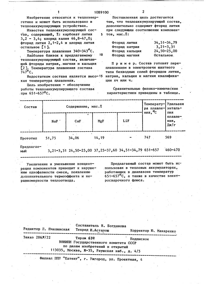 Теплоаккумулирующий состав (патент 1089100)