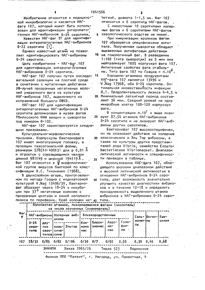 Наг-фаг 107,используемый для идентификации энтеропатогенных наг-вибрионов 0-24 серотипа (патент 1041566)