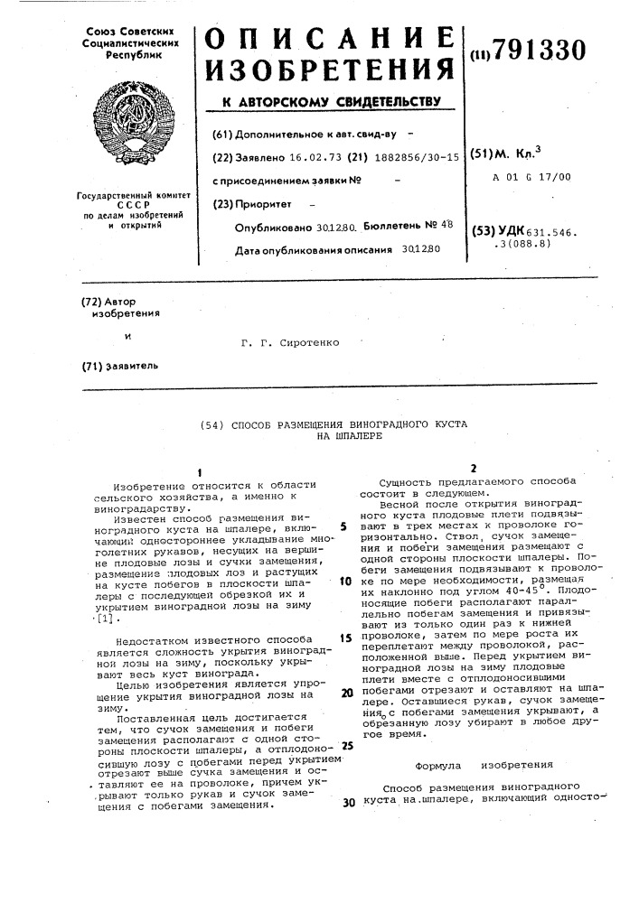 Способ размещения виноградного куста на шпалере (патент 791330)