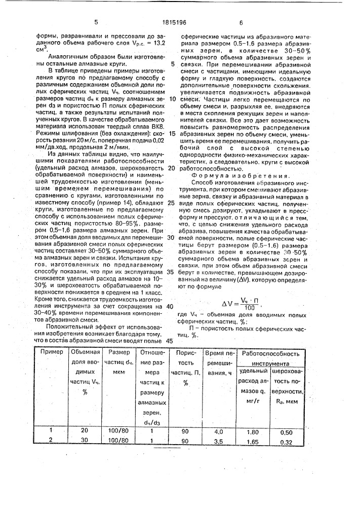 Способ изготовления абразивного инструмента (патент 1815196)