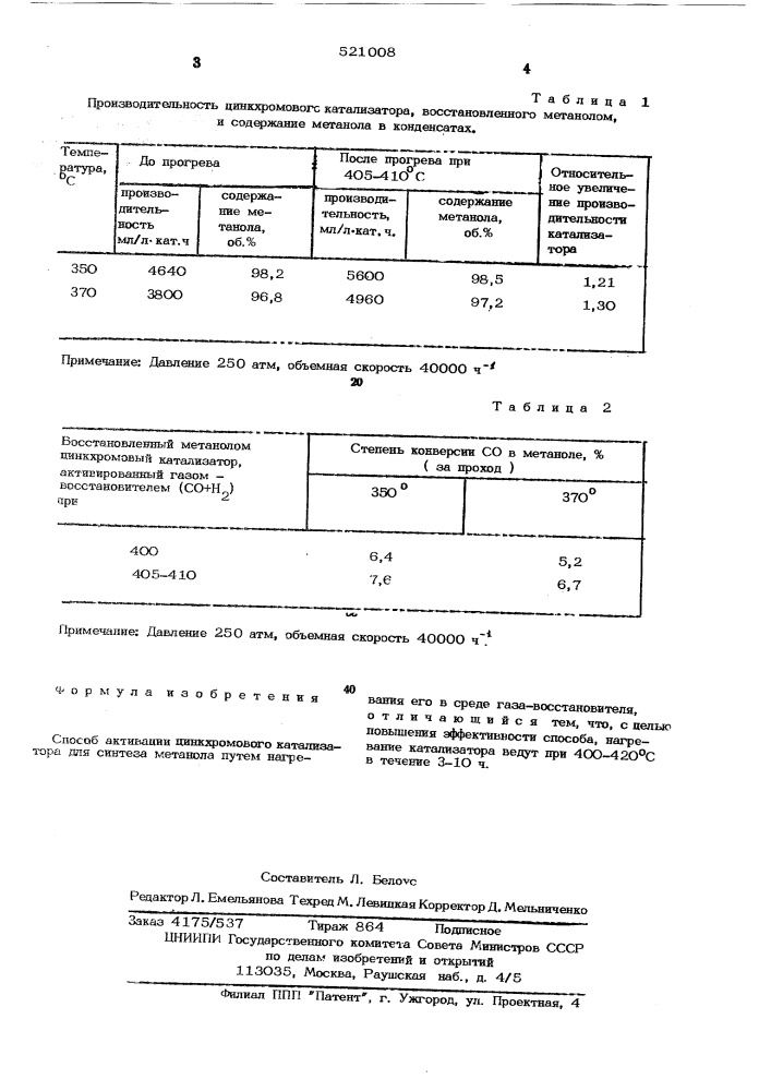 Способ активации цинкхромового катализатора (патент 521008)