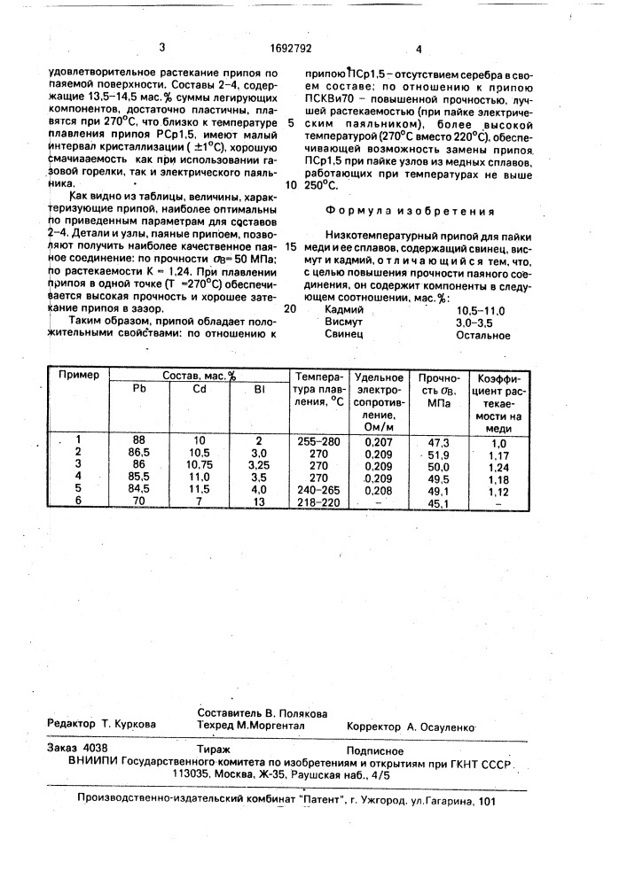 Низкотемпературный припой для пайки меди и ее сплавов (патент 1692792)