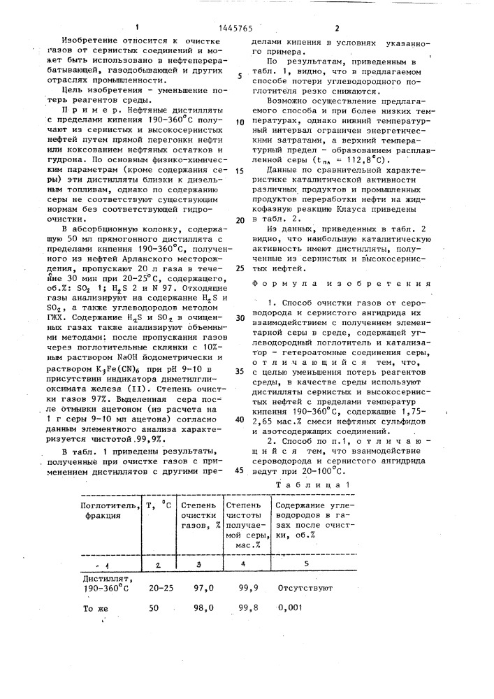 Способ очистки газов от сероводорода и сернистого ангидрида (патент 1445765)