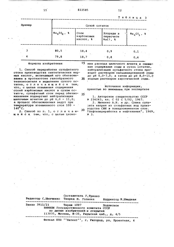 Способ переработки сульфатного стокапроизводства синтетических жирныхкислот (патент 833585)