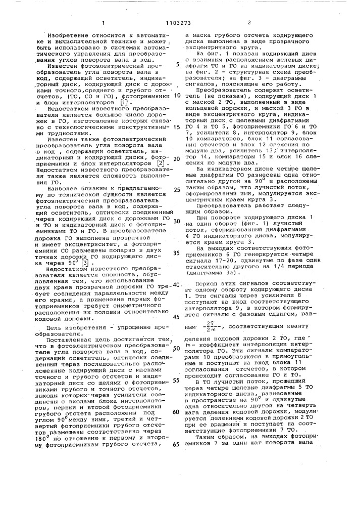 Фотоэлектрический преобразователь угла поворота вала в код (патент 1103273)