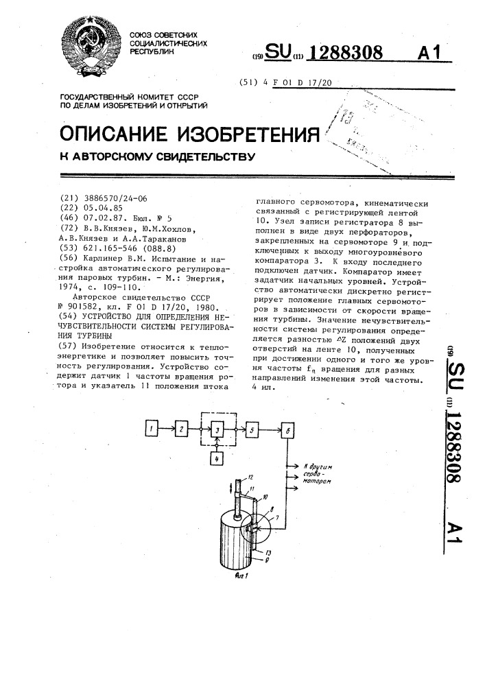 Устройство для определения нечувствительности системы регулирования турбины (патент 1288308)