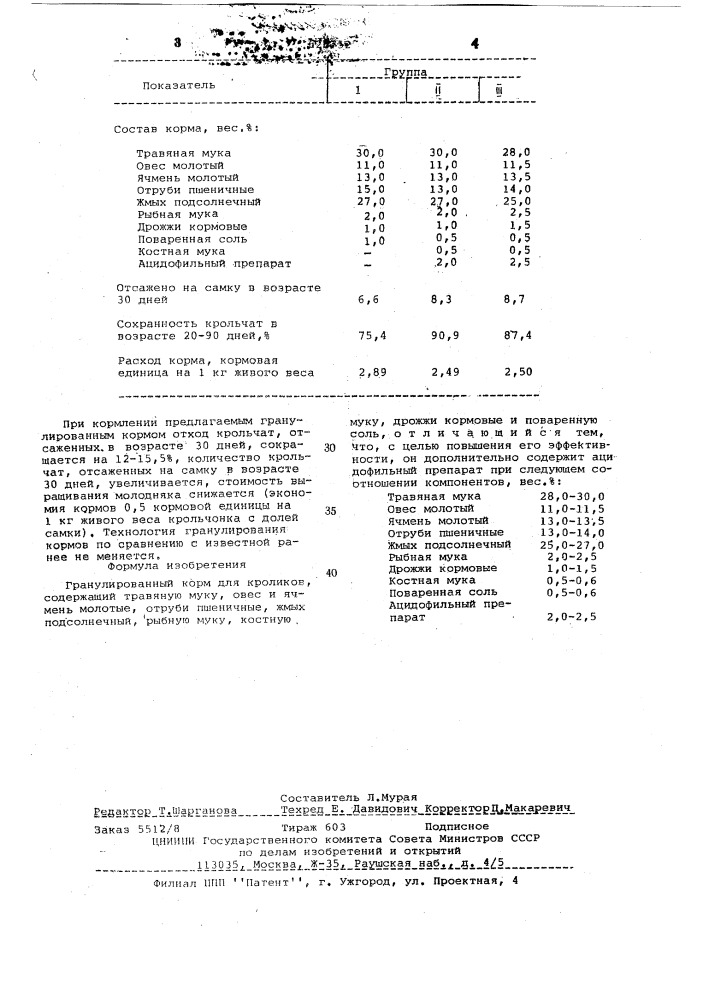 Гранулированный корм для кроликов (патент 626752)