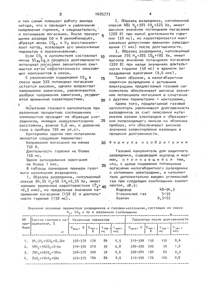 Газовый наполнитель для защитного разрядника (патент 1695773)