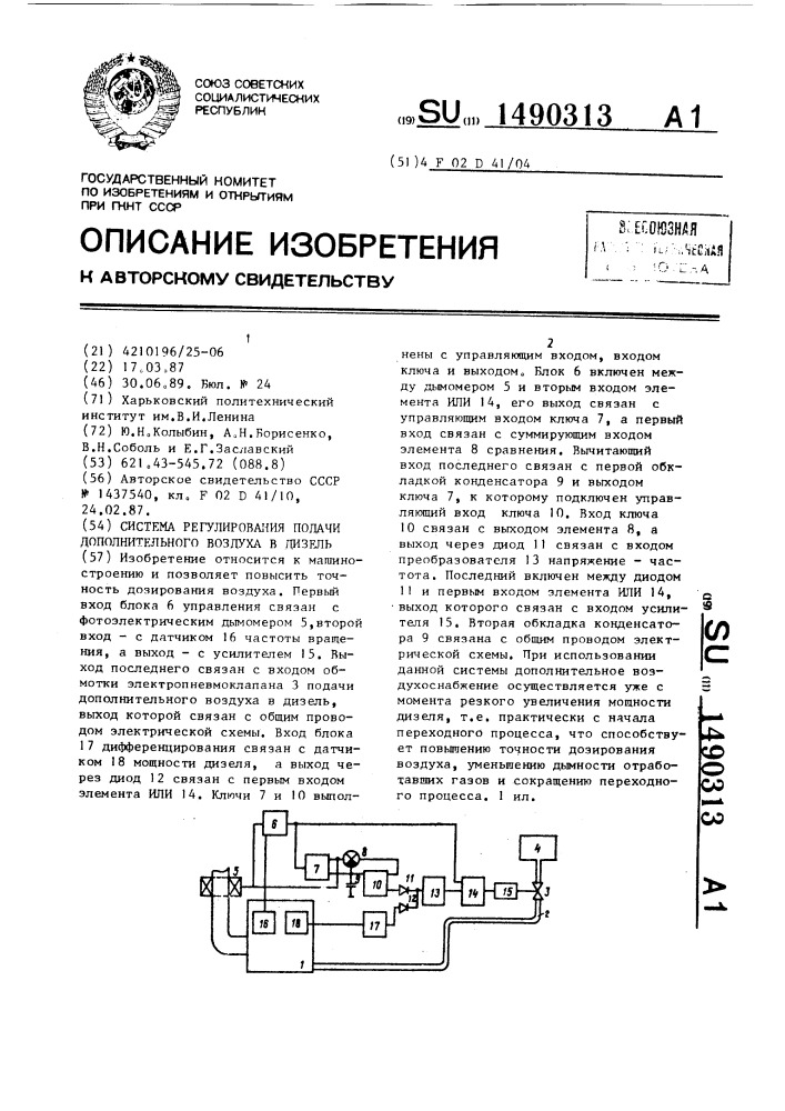 Система регулирования подачи дополнительного воздуха в дизель (патент 1490313)