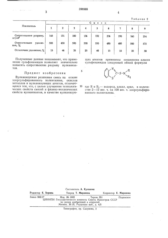 Вулканизуемая резиновая смесь (патент 398568)