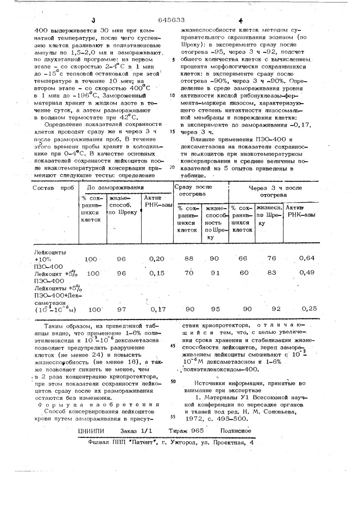 Способ консервирования лейкоцитов крови (патент 645633)