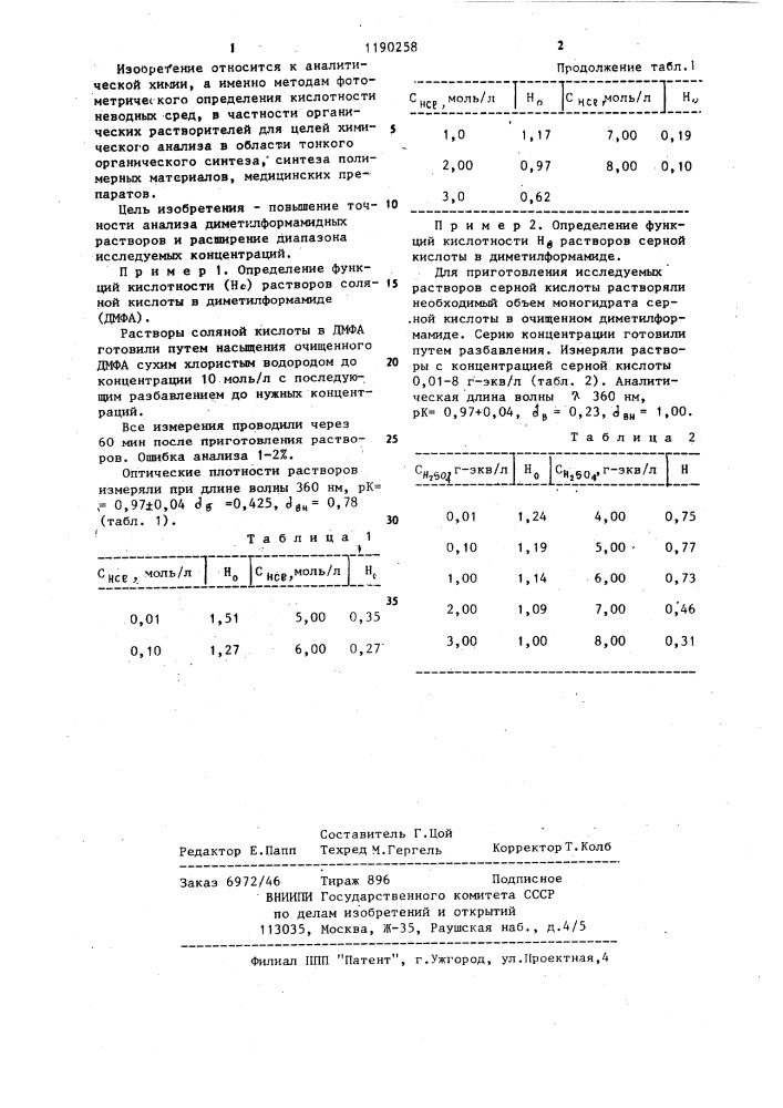 Способ определения коислотности неводных растворов (патент 1190258)