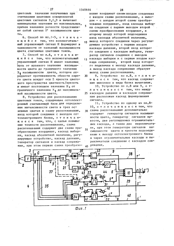Способ распознавания цветовых тонов и устройство для его осуществления (патент 1540664)