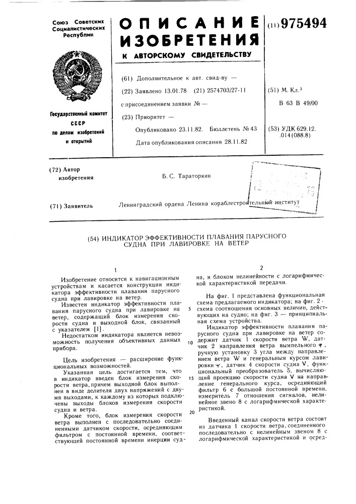 Индикатор эффективности плавания парусного судна при лавировке на ветер (патент 975494)