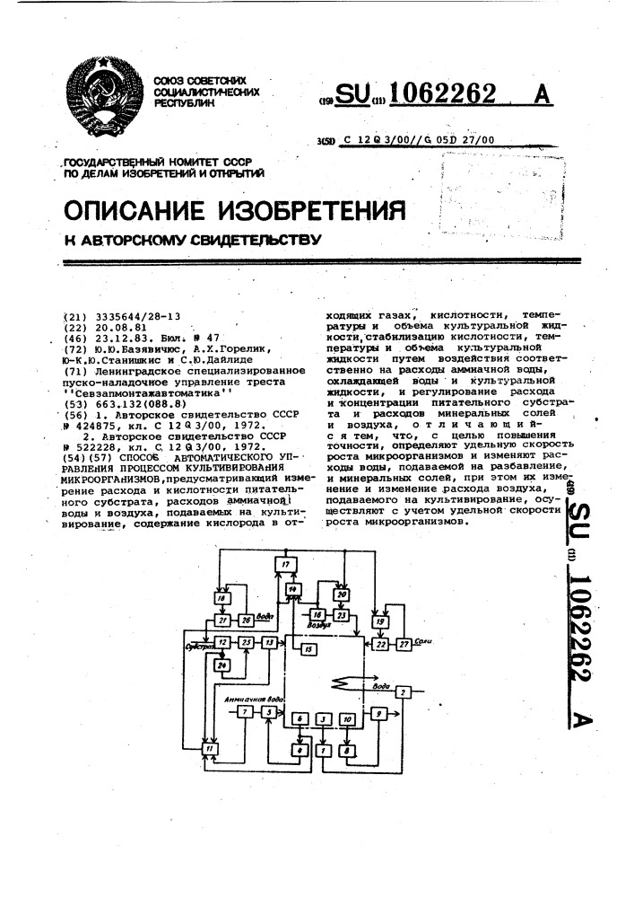 Способ автоматического управления процессом культивирования микроорганизмов (патент 1062262)