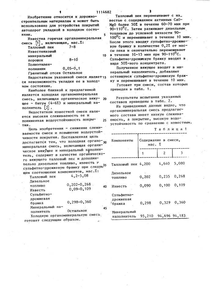 Холодная органоминеральная смесь (патент 1114682)