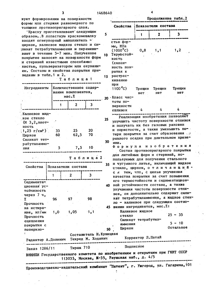 Состав противопригарного покрытия для литейных форм и стержней (патент 1468640)