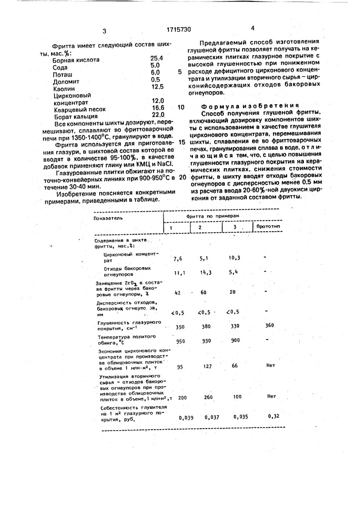 Способ получения глушеной фритты (патент 1715730)