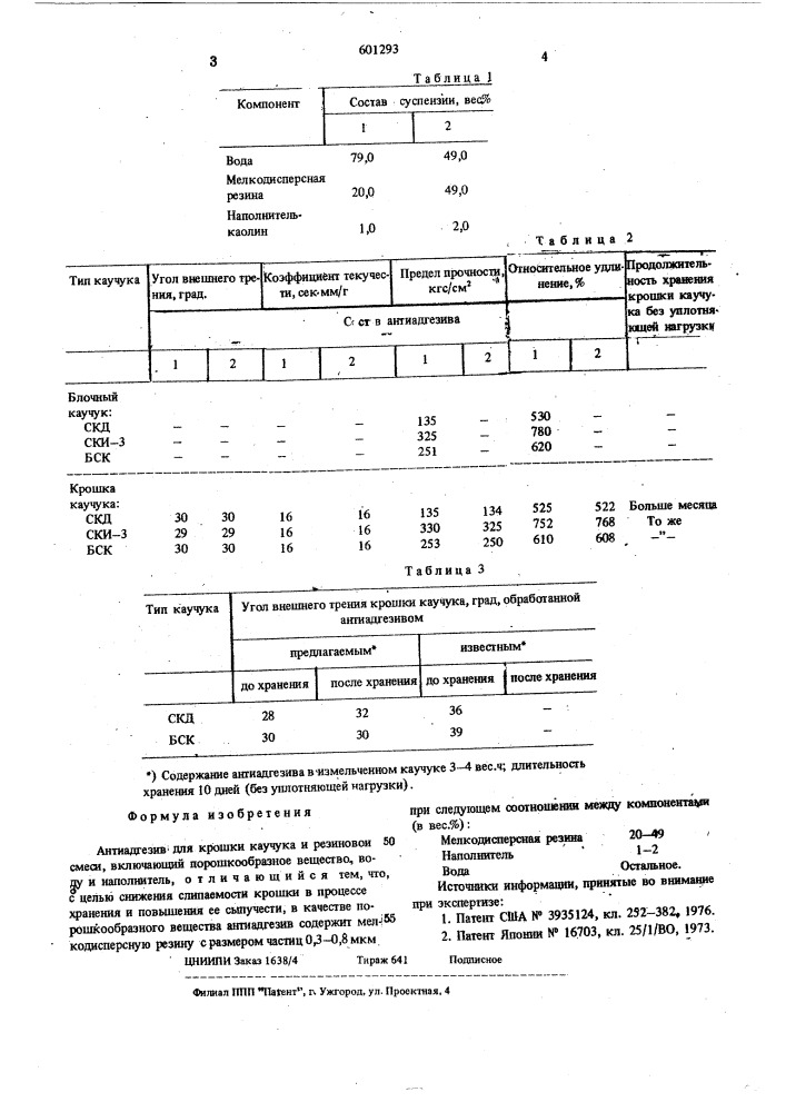 Антиадгезив для крошки каучука и резиновой смеси (патент 601293)