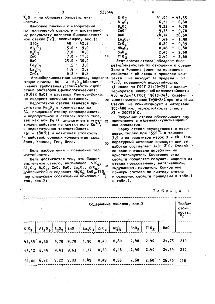 Биорезистентное стекло (патент 933644)