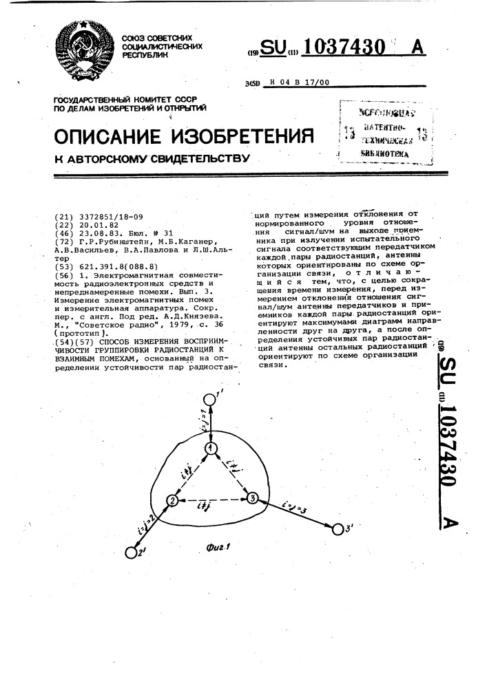 Способ измерения восприимчивости группировки радиостанций к взаимным помехам (патент 1037430)