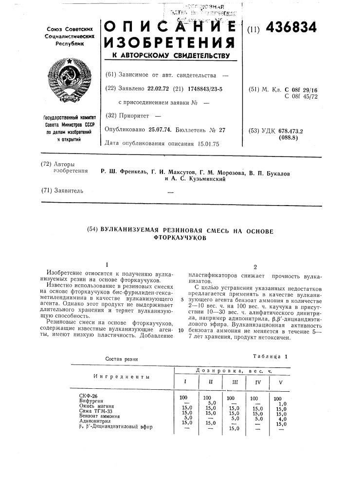 Вулканизуемая резиновая смесь на основе фторкаучуков (патент 436834)