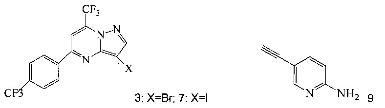 Способы получения 5-[2-[7-(трифторметил)-5-[4-(трифторметил)фенил]пиразоло[1,5-a]пиримидин-3-ил]этинил]-2-пиридинамина (патент 2630700)