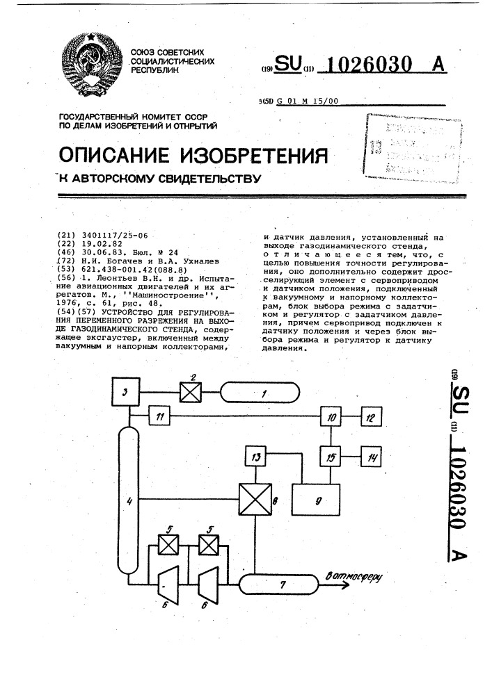 Устройство для регулирования переменного разряжения на выходе газодинамического стенда (патент 1026030)