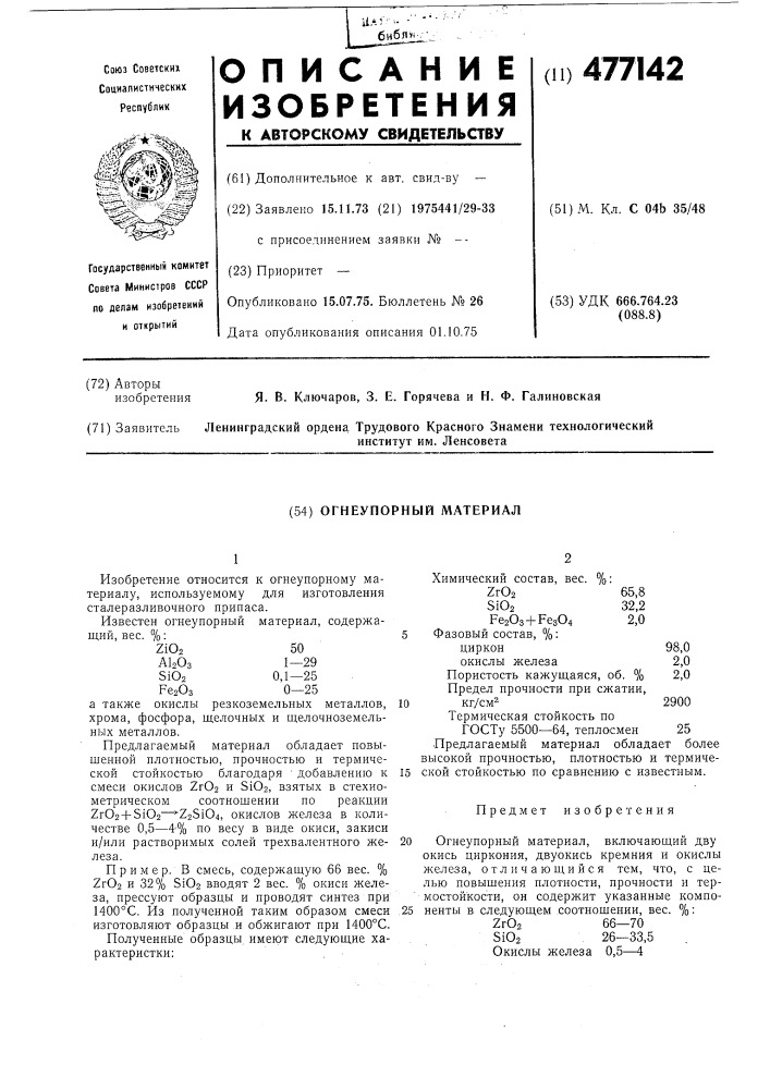 Огнеупорный материал (патент 477142)